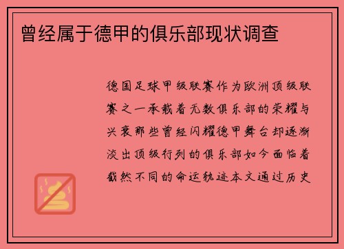 曾经属于德甲的俱乐部现状调查